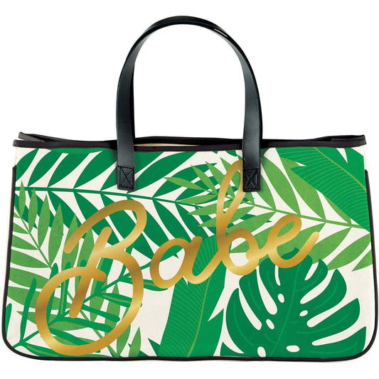 Babe Palm Leaves Large Rectangular Tote Bag | Genuine Leather Handles  DAME BOHEME