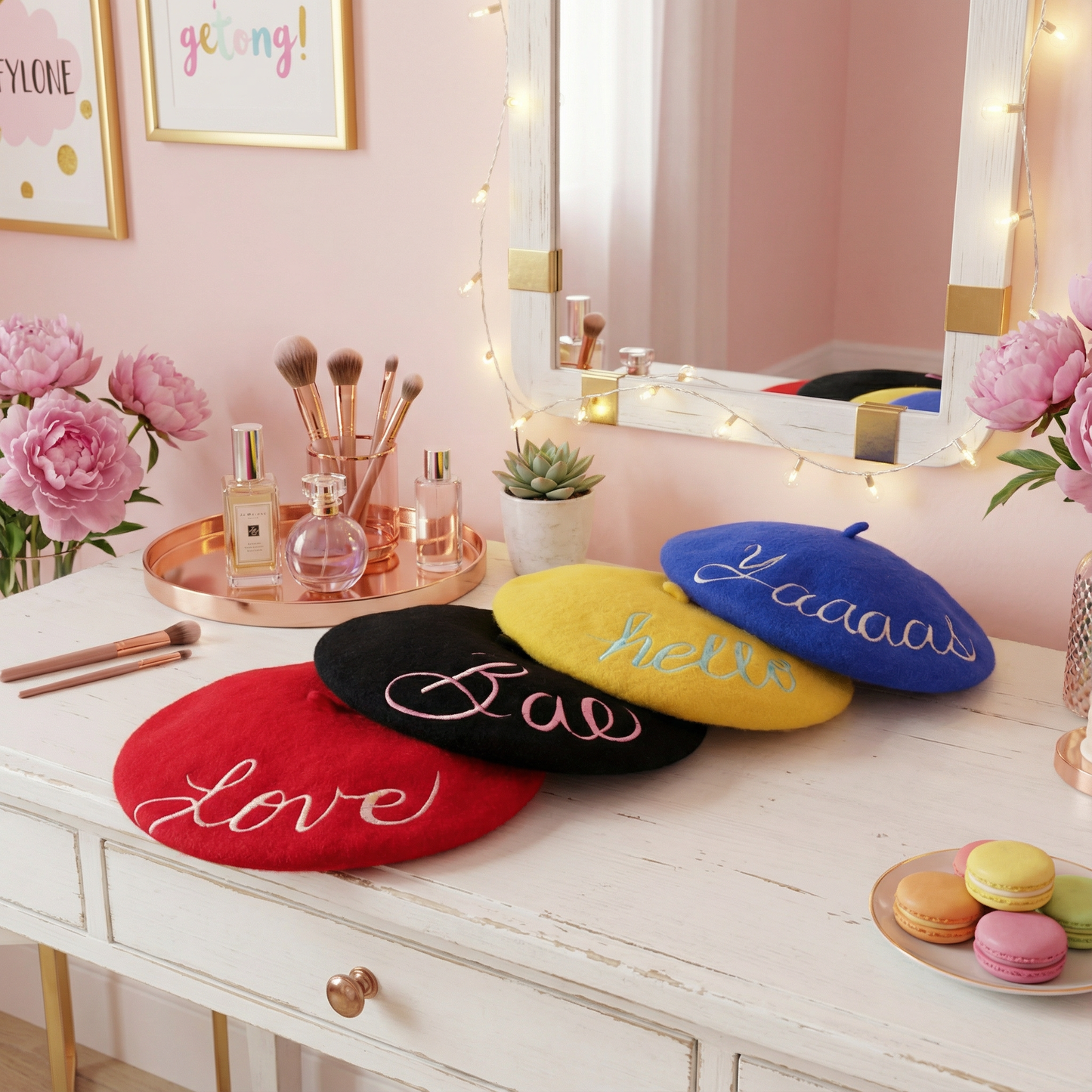 Hello Embroidered Beret in Yellow