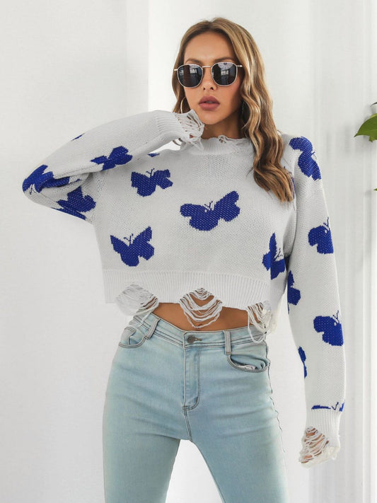 Distressed Butterfly Cropped Sweater Trendsi