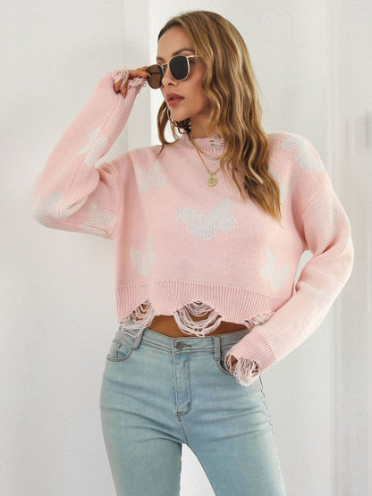 Distressed Butterfly Cropped Sweater Trendsi