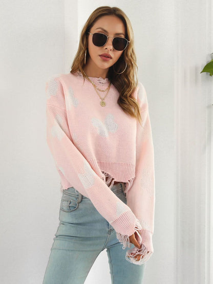 Distressed Butterfly Cropped Sweater Trendsi