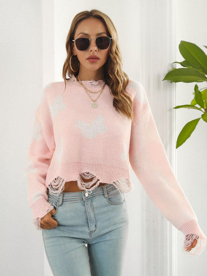 Distressed Butterfly Cropped Sweater Trendsi