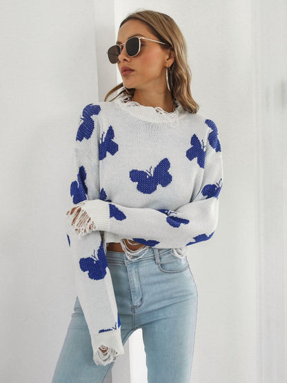 Distressed Butterfly Cropped Sweater Trendsi