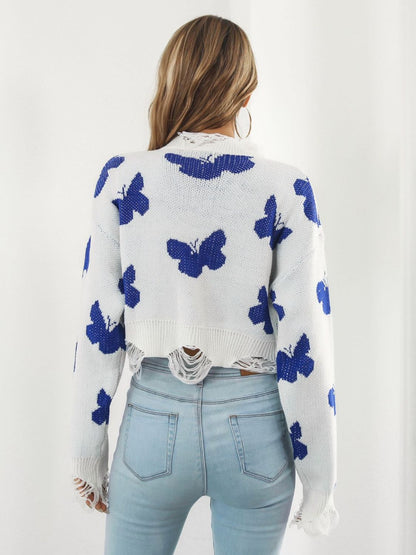 Distressed Butterfly Cropped Sweater Trendsi