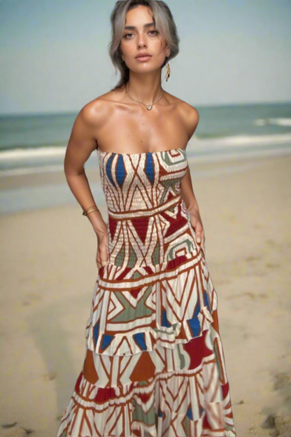 Smocked Geometric Print Tube Flared Maxi Dress Trendsi