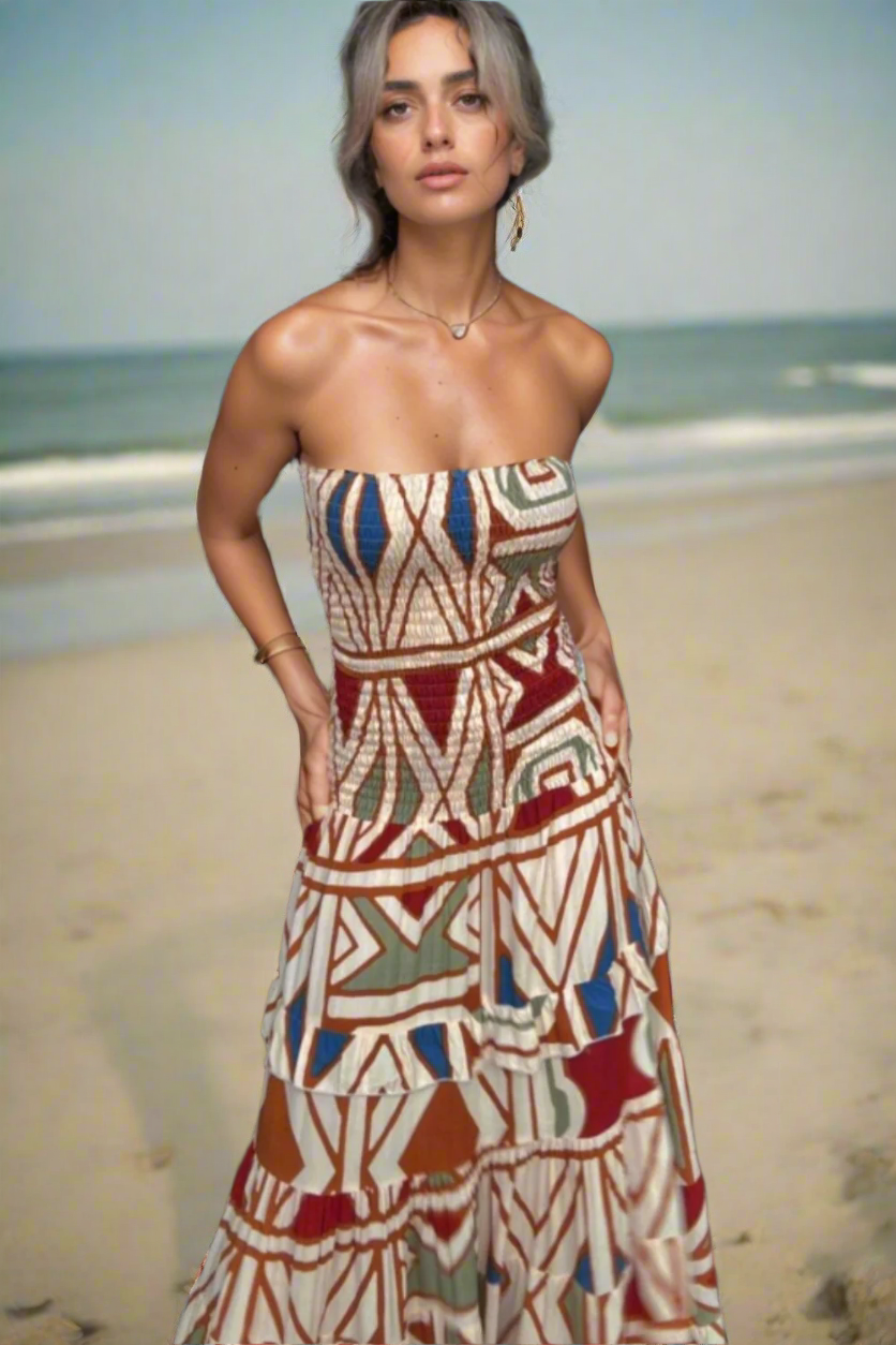 Smocked Geometric Print Tube Flared Maxi Dress Trendsi