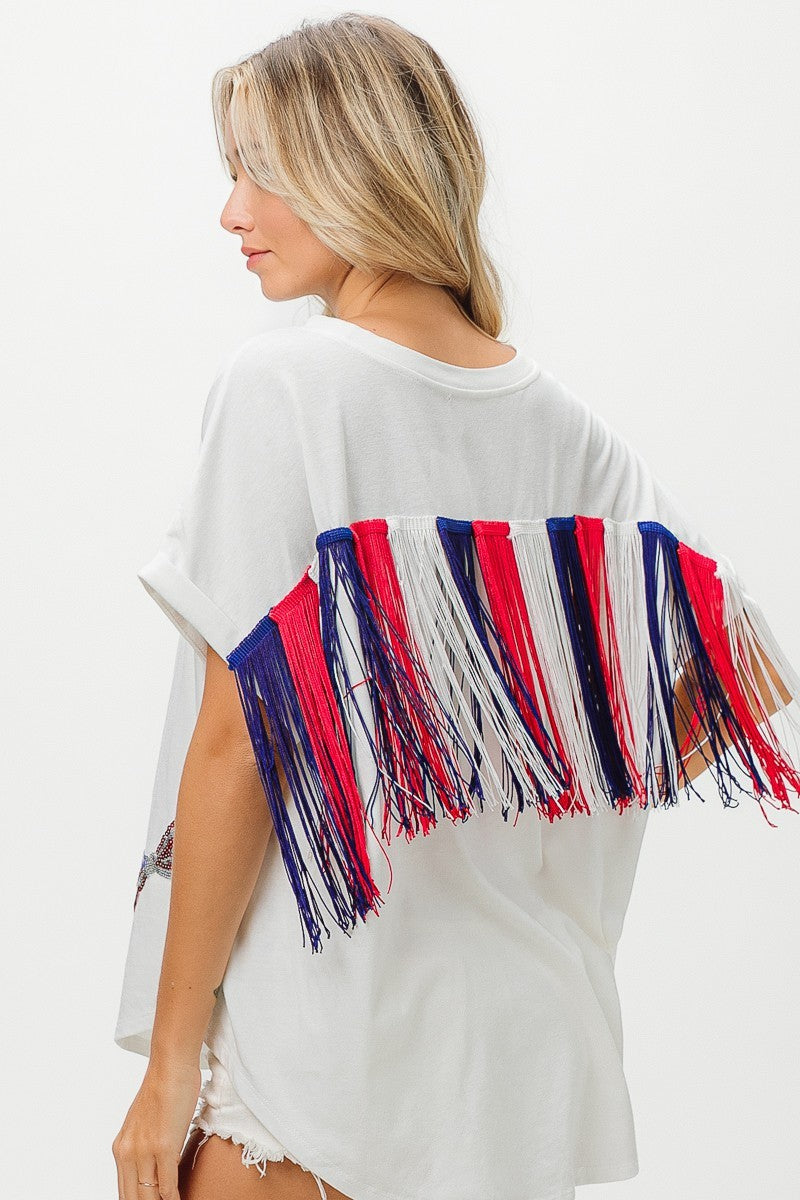 BiBi American Flag Sequin Ribbon T-Shirt Trendsi