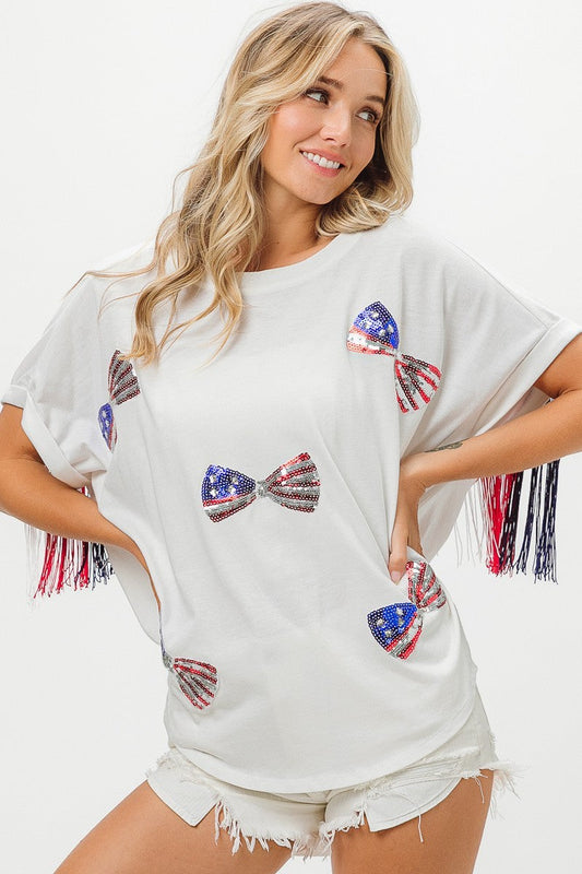 BiBi American Flag Sequin Ribbon T-Shirt Trendsi