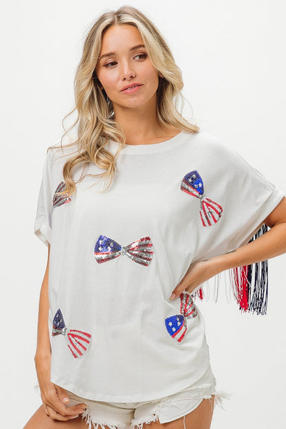 BiBi American Flag Sequin Ribbon T-Shirt Trendsi