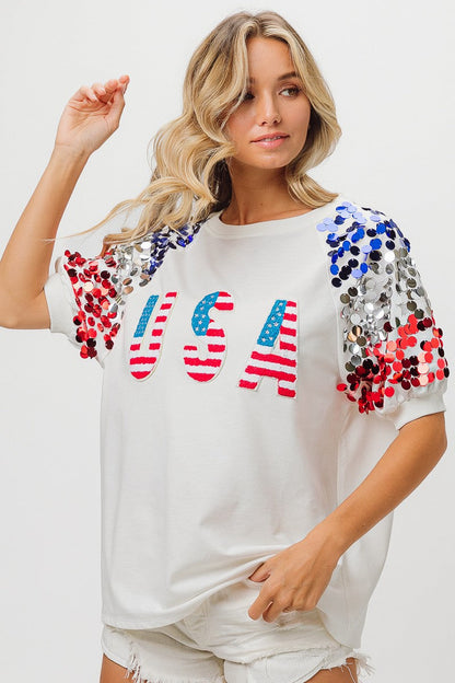 BiBi American Flag Theme Sequin Top Trendsi