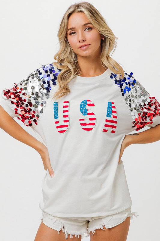 BiBi American Flag Theme Sequin Top Trendsi