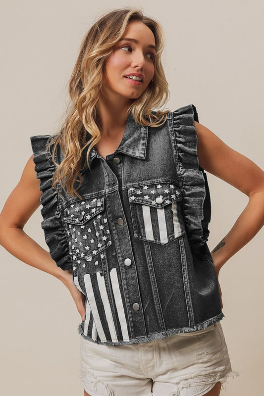 BiBi American Flag Washed Denim Jacket Vest Trendsi