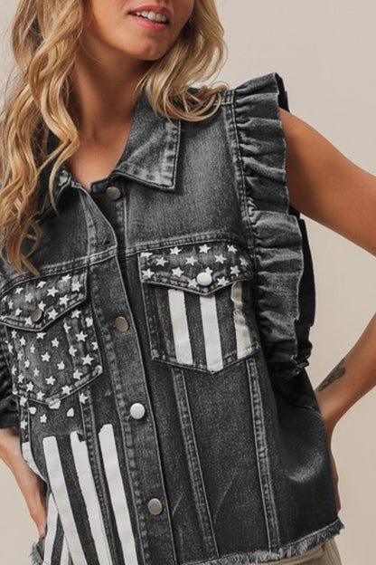 BiBi American Flag Washed Denim Jacket Vest Trendsi