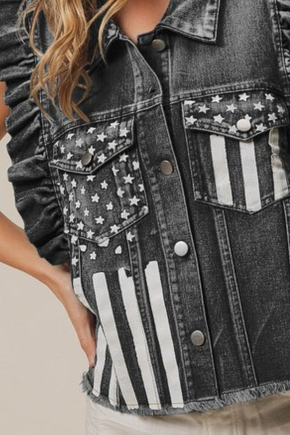 BiBi American Flag Washed Denim Jacket Vest Trendsi