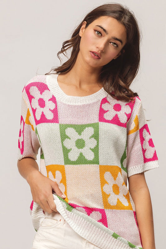 BiBi Flower Checker Pattern Lightweight Sweater Top Trendsi