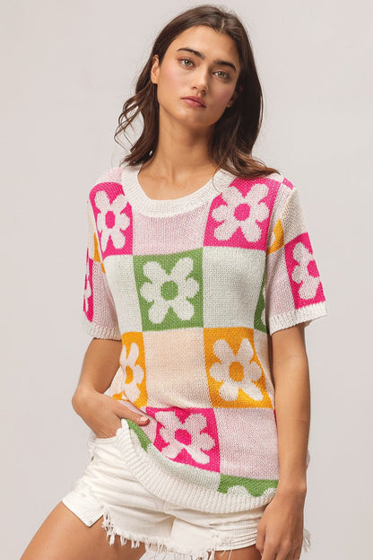 BiBi Flower Checker Pattern Lightweight Sweater Top Trendsi