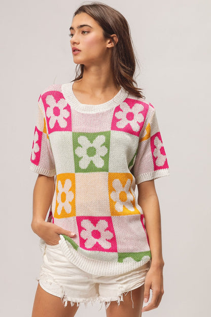 BiBi Flower Checker Pattern Lightweight Sweater Top Trendsi