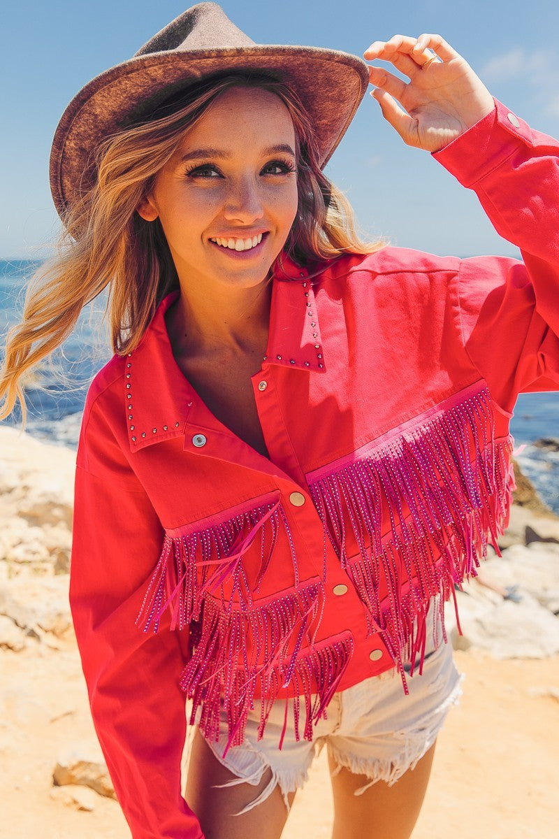 BiBi Rhinestone Fringe with Studded Collar Jacket Trendsi