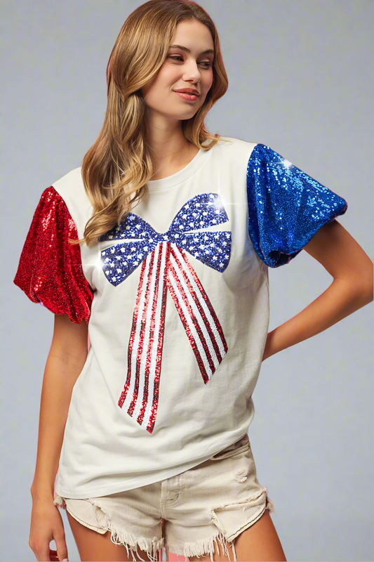 BiBi Sequin American Flag Bow Top Trendsi
