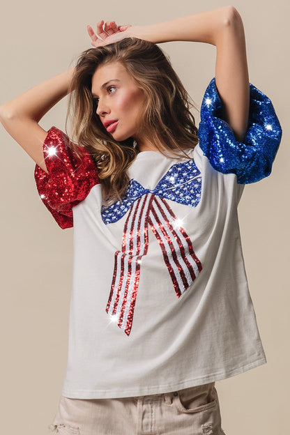 BiBi Sequin American Flag Bow Top Trendsi