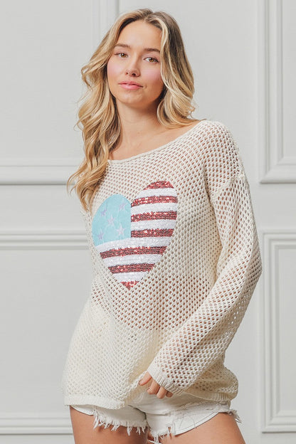 BiBi Sequin American Flag Heart Knit Up Trendsi