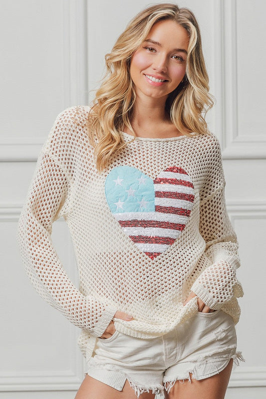 BiBi Sequin American Flag Heart Knit Up Trendsi