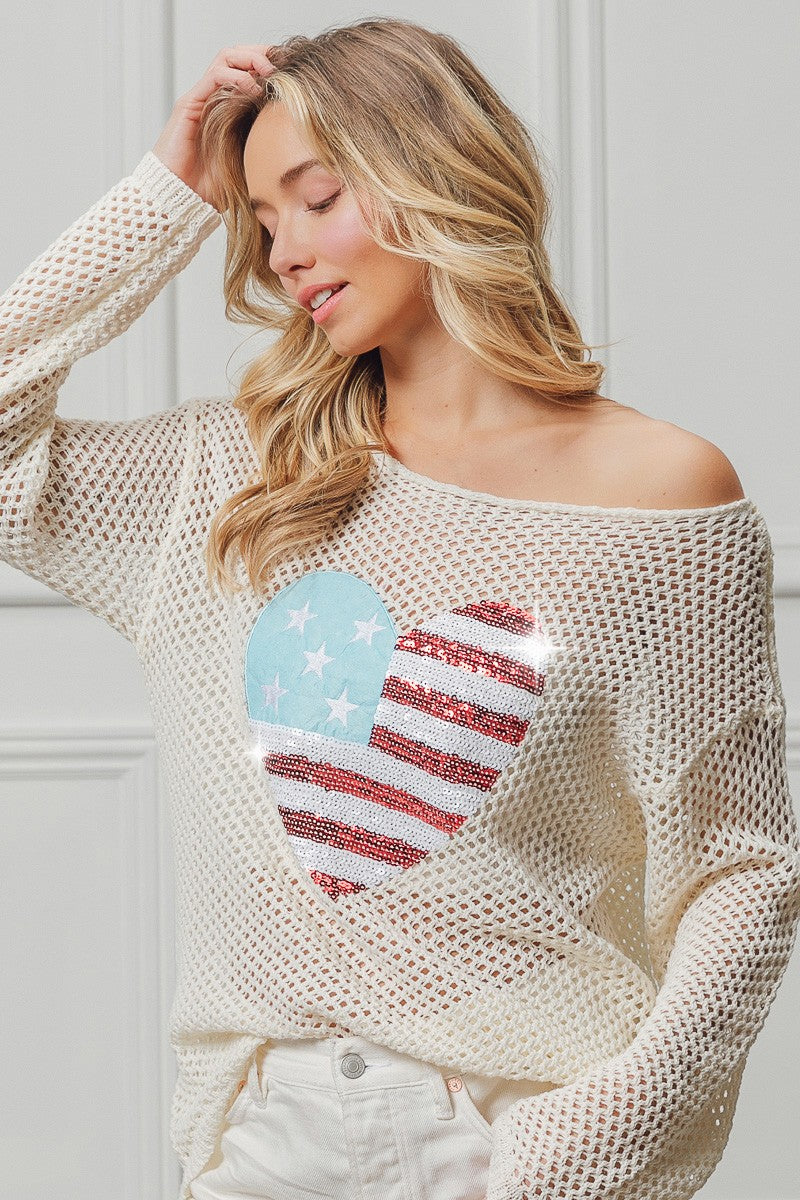 BiBi Sequin American Flag Heart Knit Up Trendsi
