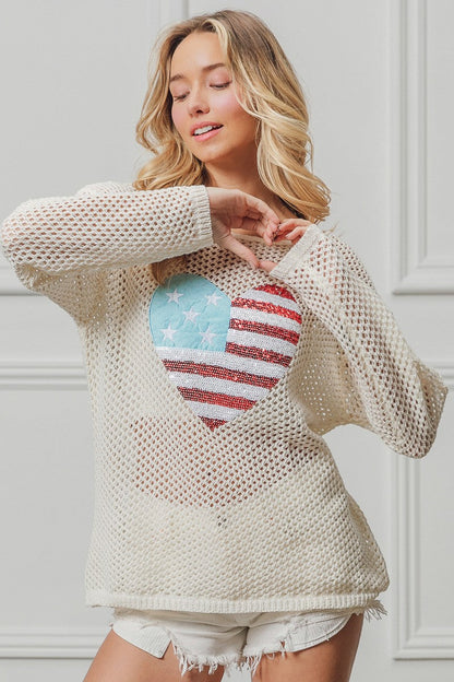BiBi Sequin American Flag Heart Knit Up Trendsi