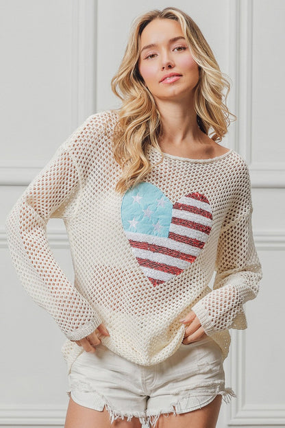 BiBi Sequin American Flag Heart Knit Up Trendsi