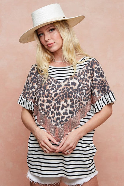 BiBi Stripe Color Block Top with Leopard and Sequin Inserts Trendsi