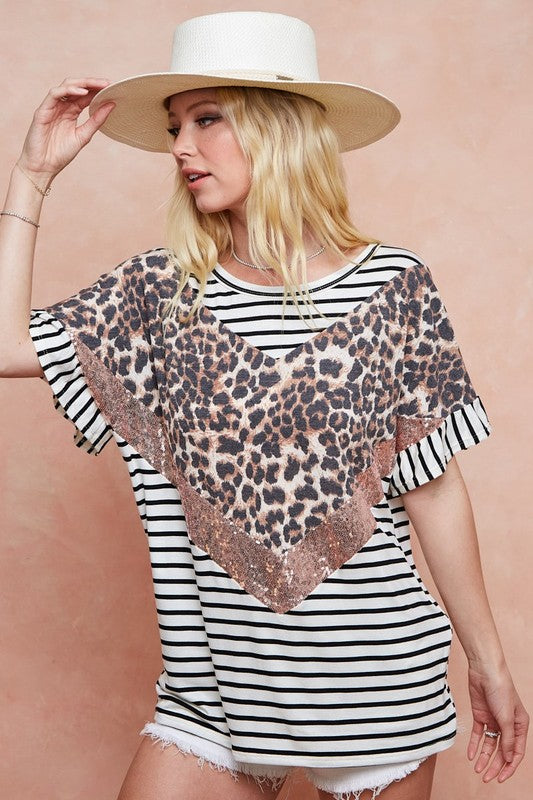 BiBi Stripe Color Block Top with Leopard and Sequin Inserts Trendsi
