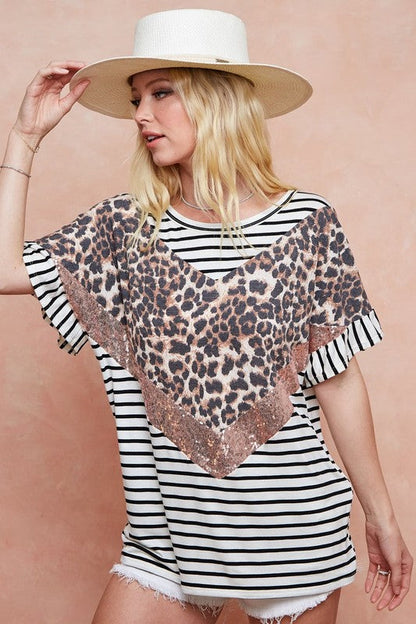 BiBi Stripe Color Block Top with Leopard and Sequin Inserts Trendsi