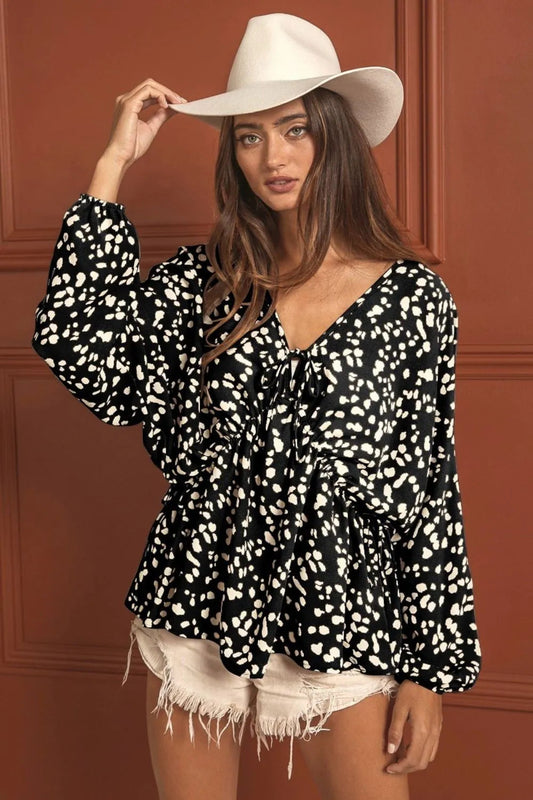 BiBi Leopard Woven Tied V Neck Top Dame Boheme