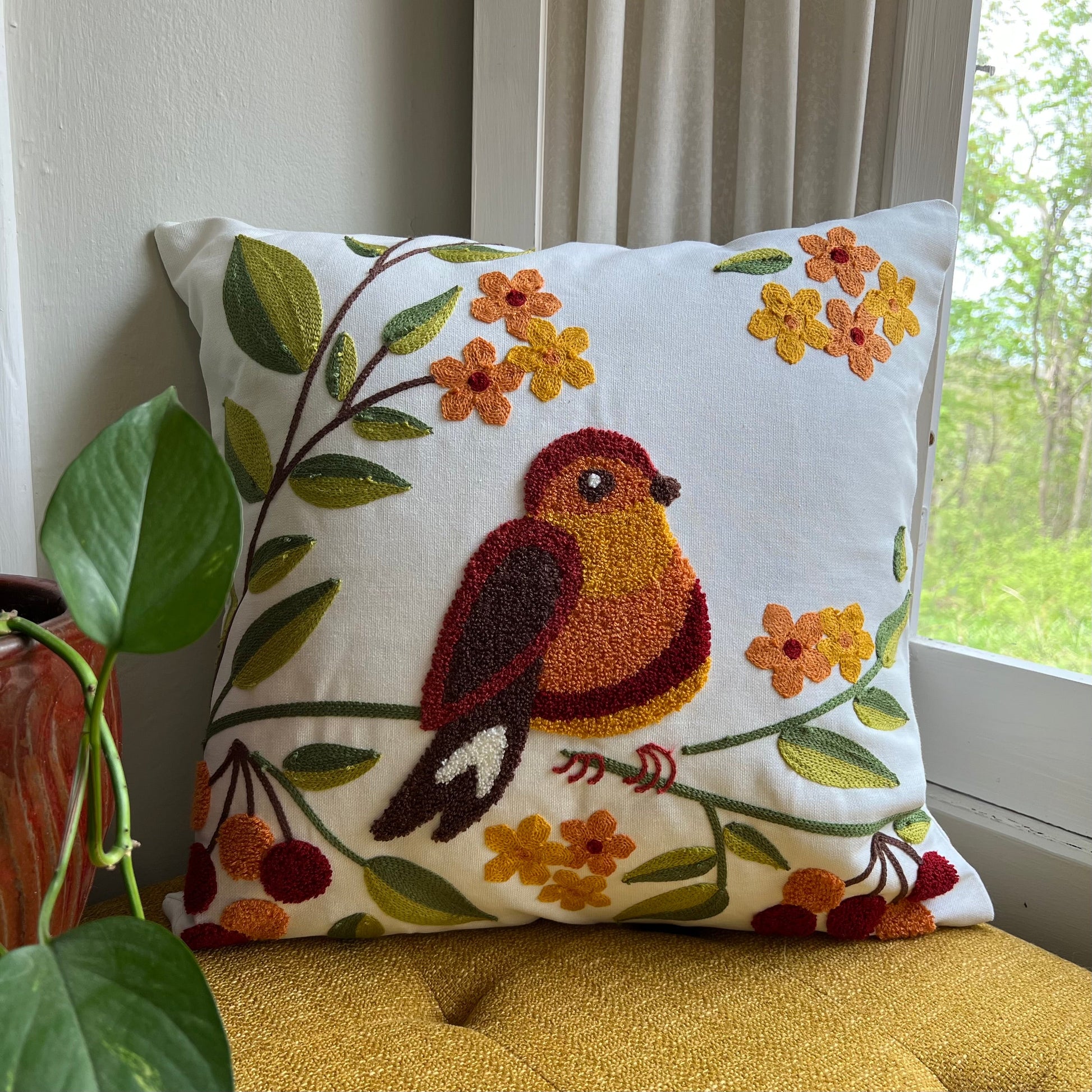 Bird and Bloom Embroidered Pillow Cover  DAME BOHEME