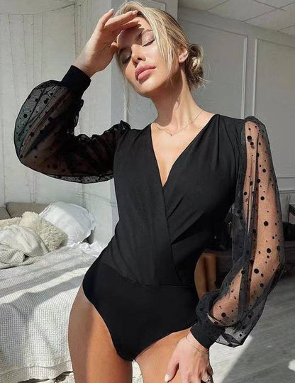 Black Polka Dot Mesh Long Sleeve V Neck Bodysuit Annva USA