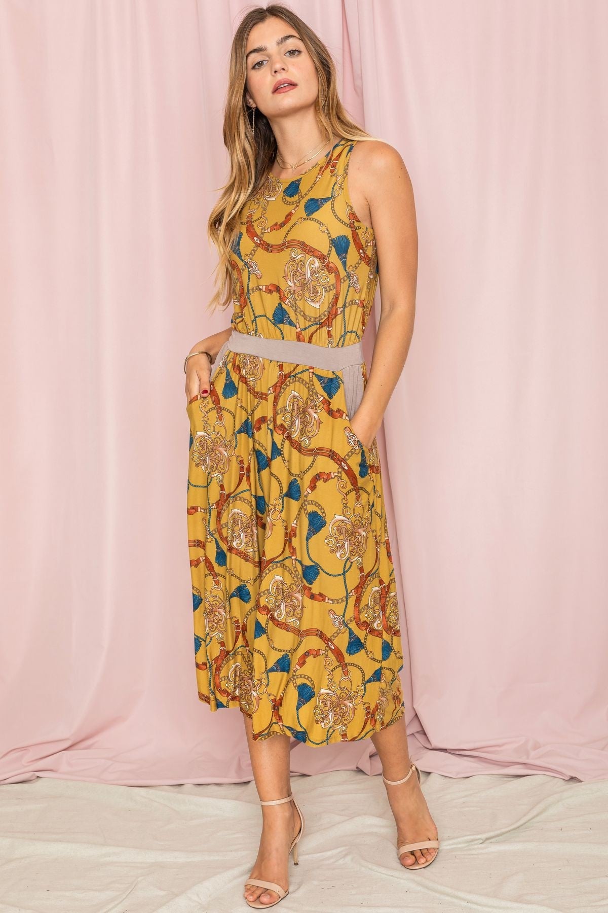 Blouson Chain Tassel Print Capri Leg Jumpsuit - Plus Size EG fashion