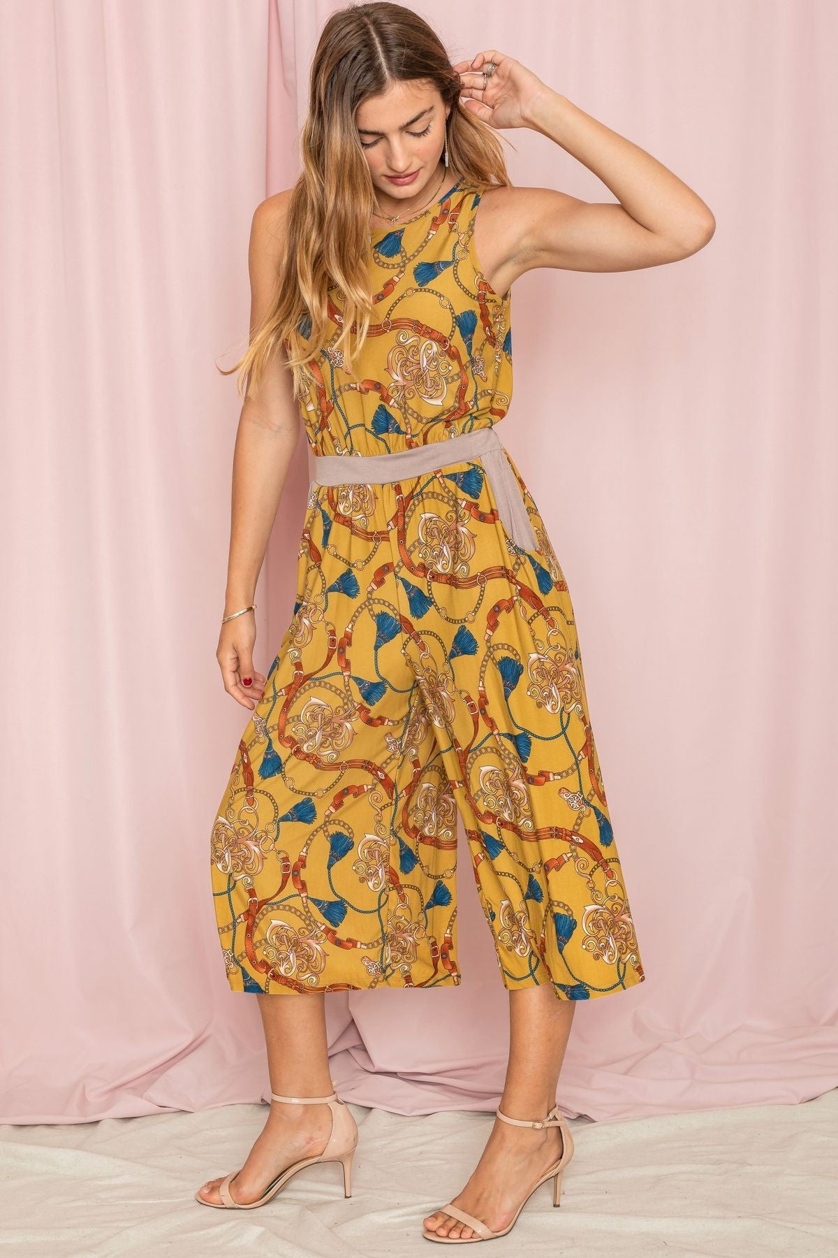 Blouson Chain Tassel Print Capri Leg Jumpsuit - Plus Size EG fashion