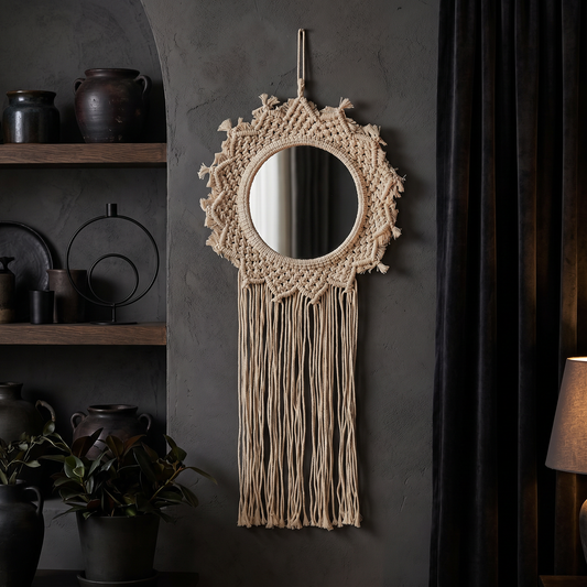 Bohemian Style Hanging Mirror | Wall Hanging Macrame Decor | 12.2" x 25.2"  DAME BOHEME