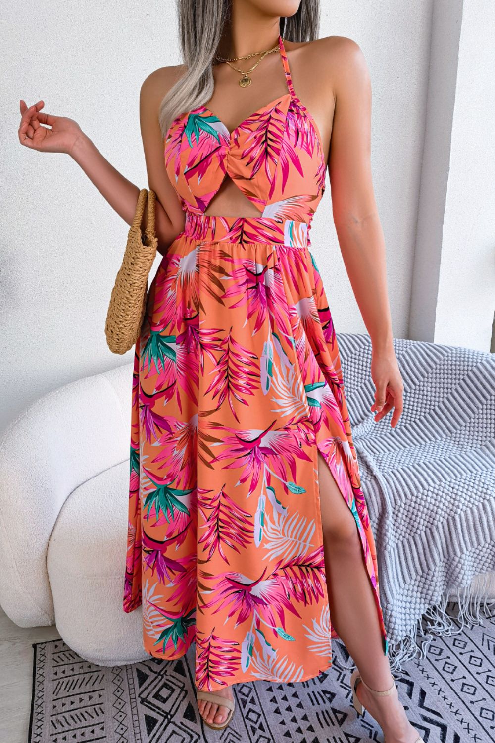 Botanical Print Tied Backless Cutout Slit Maxi Dress Trendsi