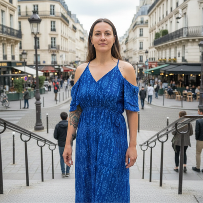 Broken Bow Cold Shoulder Maxi Dress in Blue Aztec  DAME BOHEME