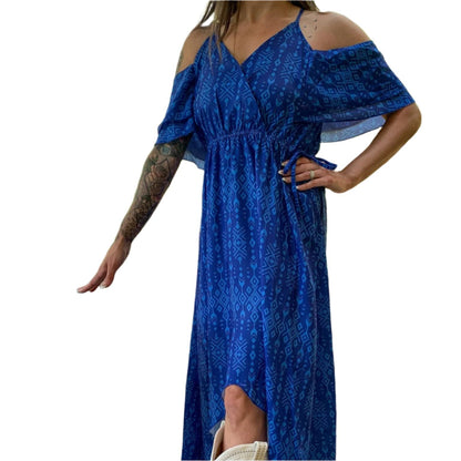 Broken Bow Cold Shoulder Maxi Dress in Blue Aztec  DAME BOHEME