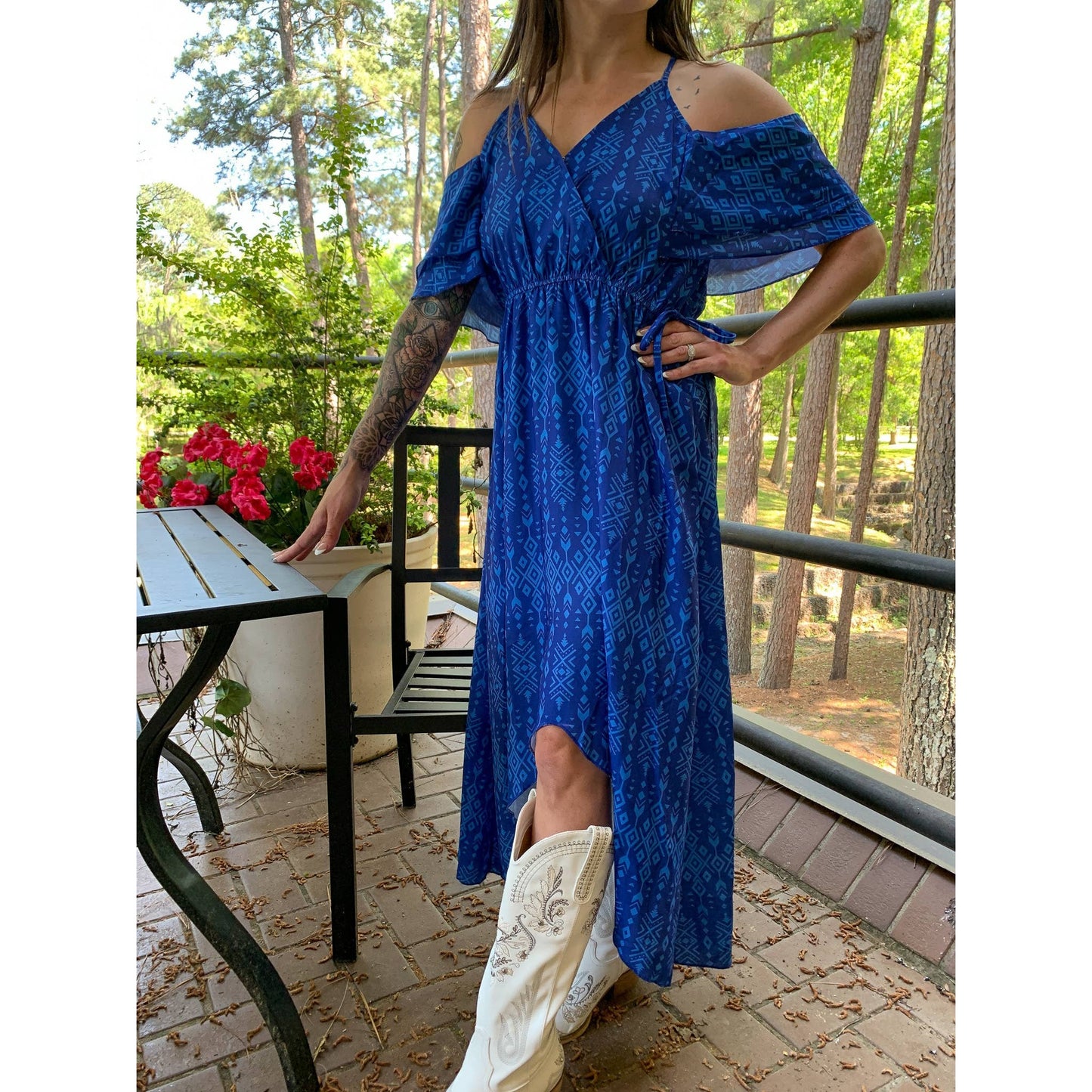 Broken Bow Cold Shoulder Maxi Dress in Blue Aztec  DAME BOHEME