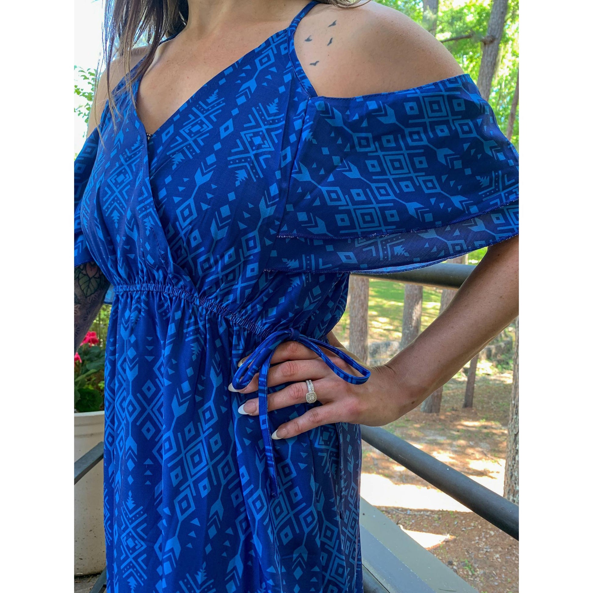Broken Bow Cold Shoulder Maxi Dress in Blue Aztec  DAME BOHEME