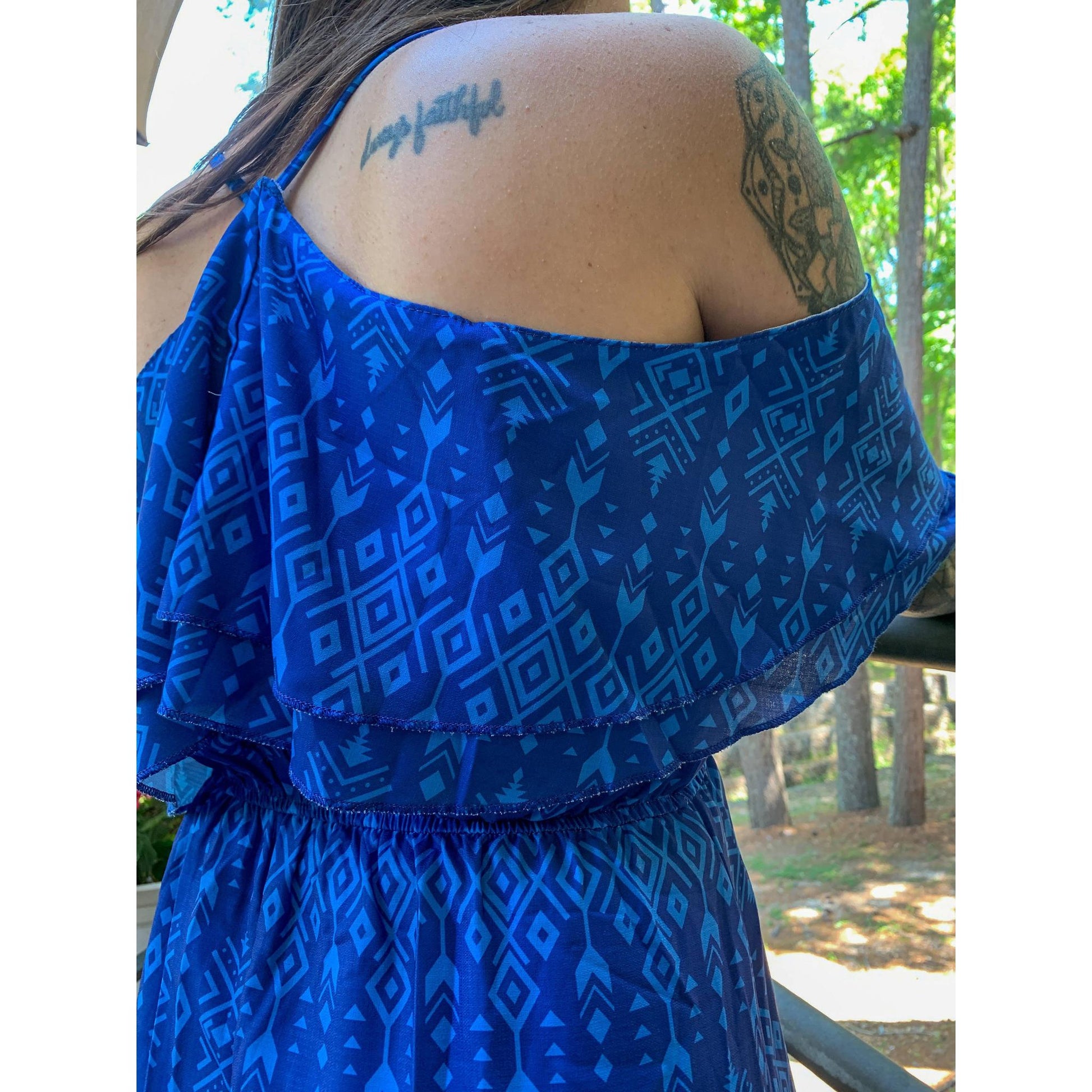 Broken Bow Cold Shoulder Maxi Dress in Blue Aztec  DAME BOHEME