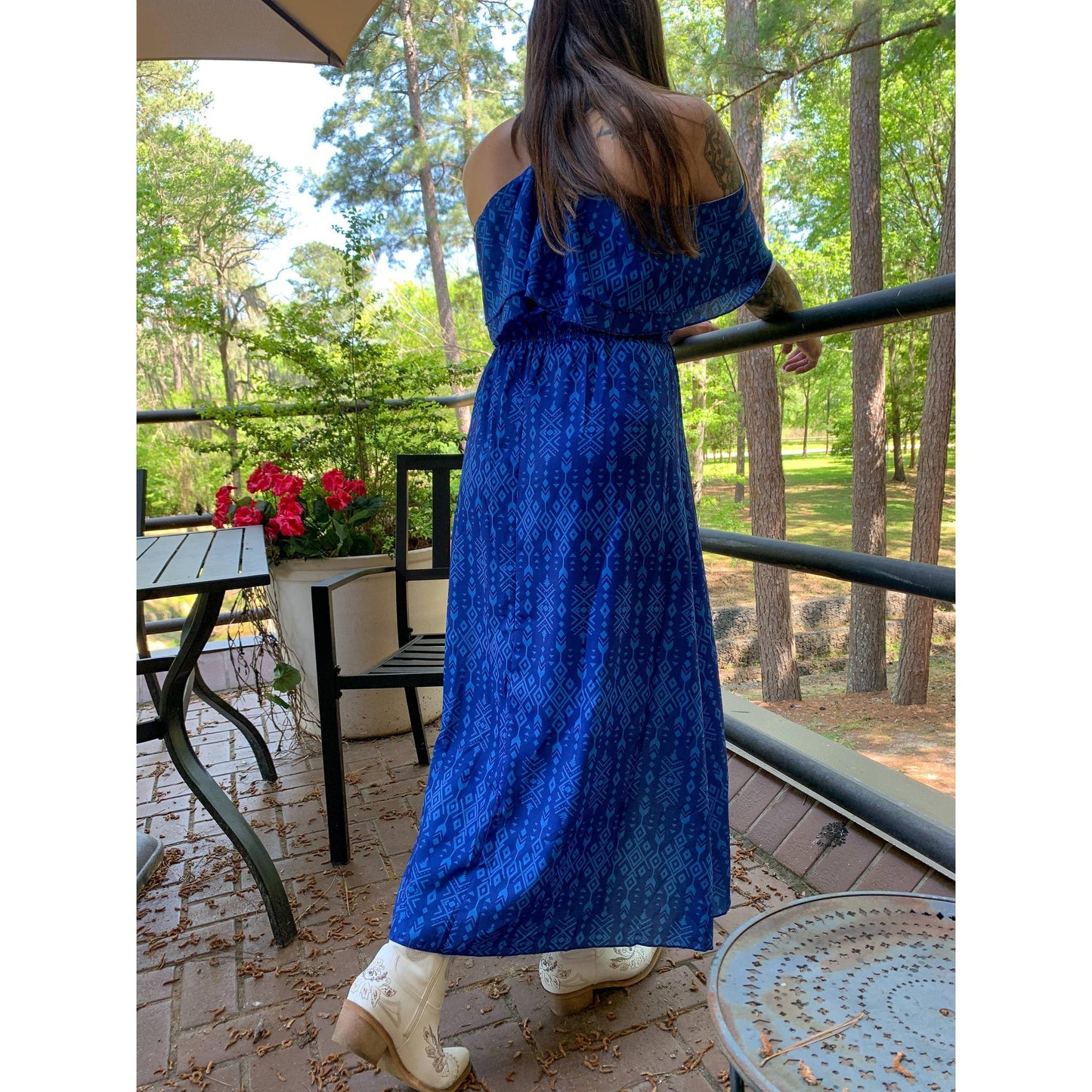Broken Bow Cold Shoulder Maxi Dress in Blue Aztec  DAME BOHEME