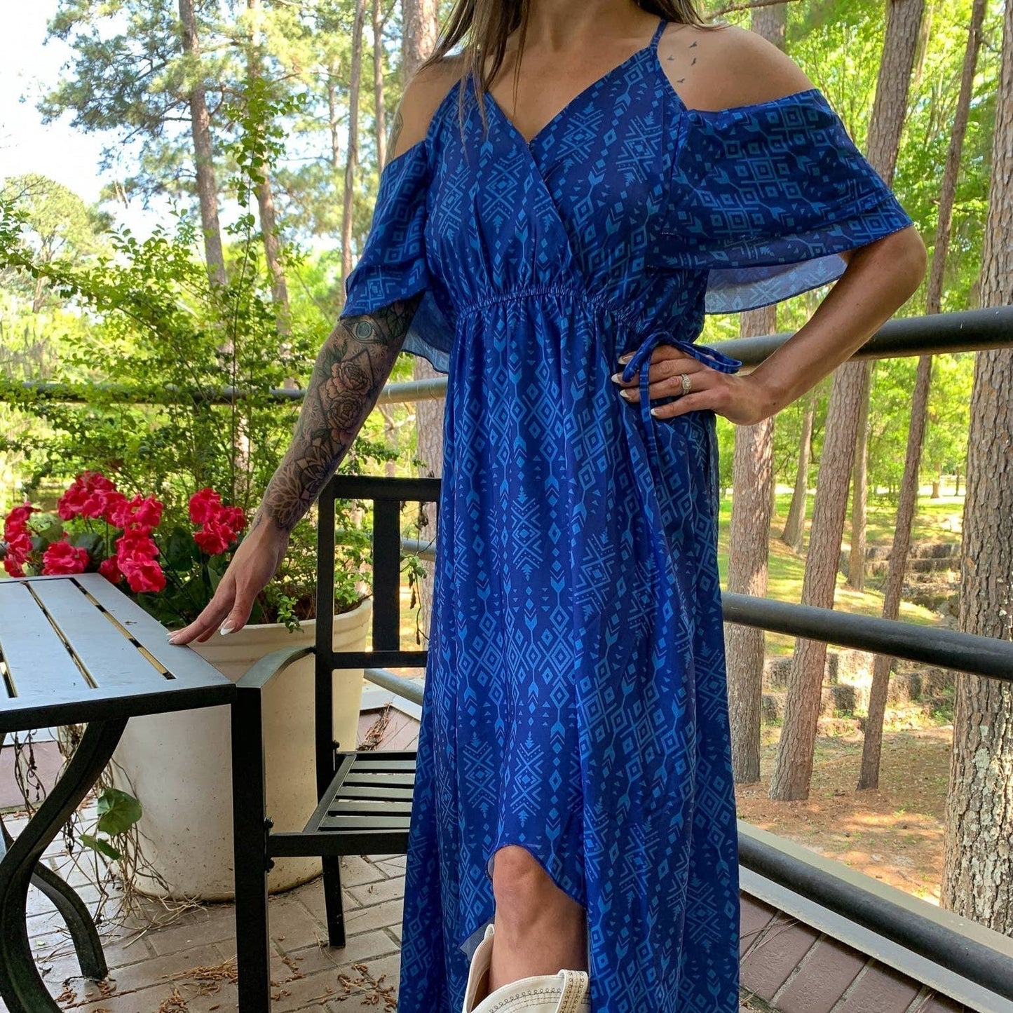 Broken Bow Cold Shoulder Maxi Dress in Blue Aztec  DAME BOHEME
