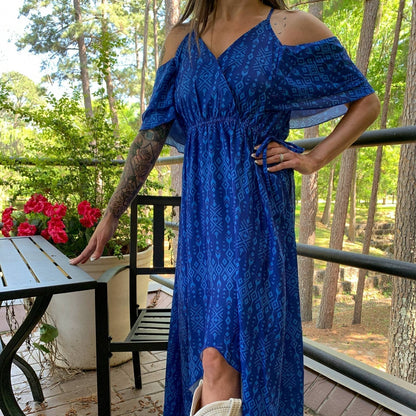 Broken Bow Cold Shoulder Maxi Dress in Blue Aztec  DAME BOHEME
