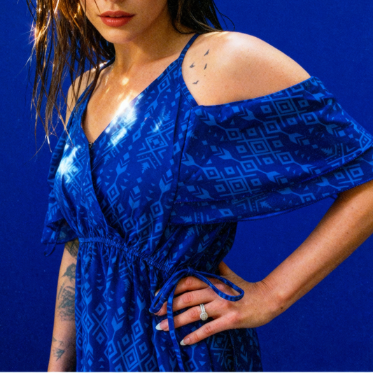 Broken Bow Cold Shoulder Maxi Dress in Blue Aztec  DAME BOHEME