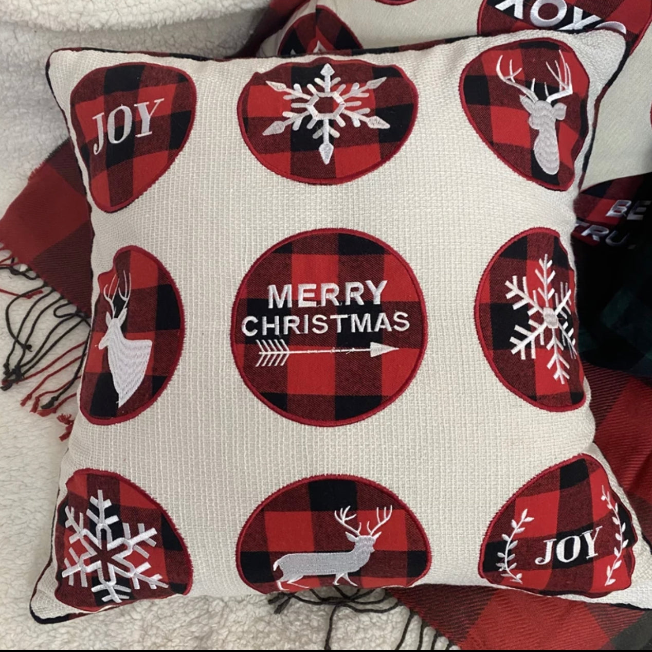 Buffalo Plaid Merry Christmas Embroidered Pillow Cover  DAME BOHEME