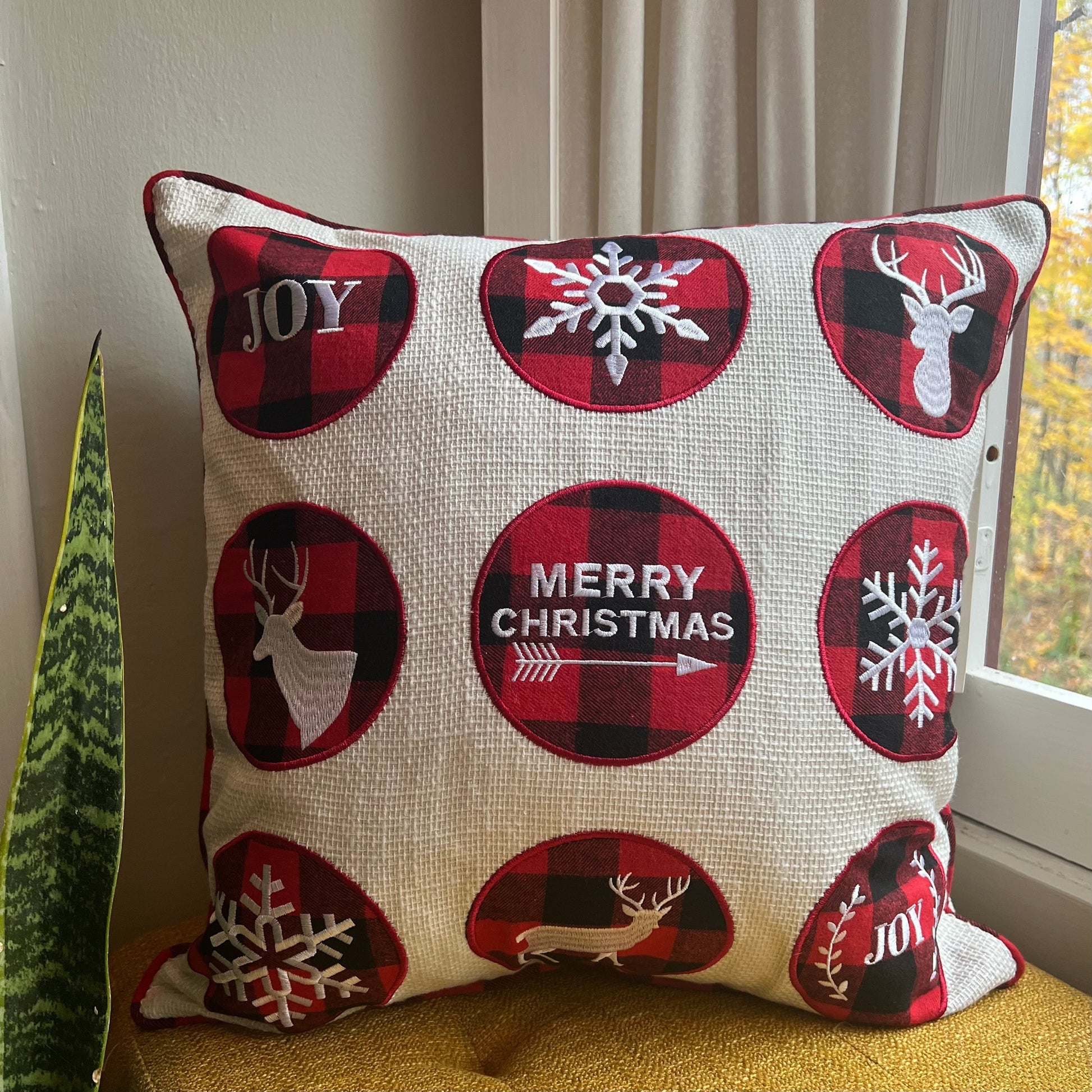 Buffalo Plaid Merry Christmas Embroidered Pillow Cover  DAME BOHEME